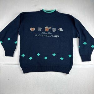 VTG Blanc Bleu The Great Alaskan Wildlife Mens Navy Sweater  fits 2XL  80s 90s